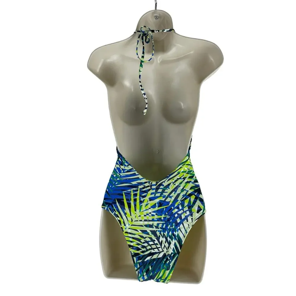 Aerie Tropical Leaf Print Plunge V Neck Lace Up One Piece Swimsuit Size S